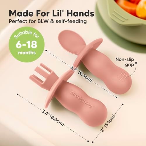 KeaBabies 4-Pack Silicone Spoons Forks Set with 2-Pack Suction Bowls