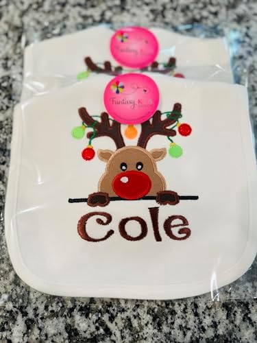 Christmas Baby Bib with Reindeer and Custom Name 1