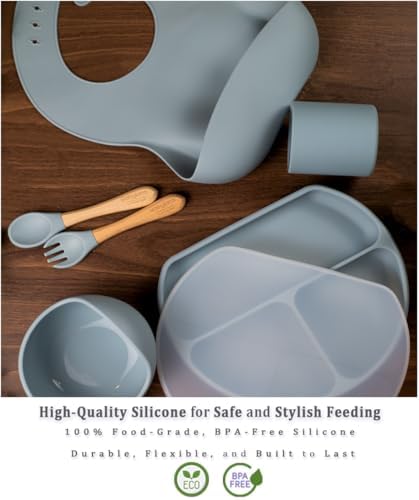 Silicone Baby Bowls and Spoons Set - 6 Piece Dusty Blue