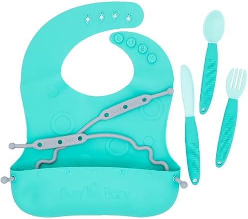 Busy Baby Bungee Bib Utensil Set Adjustable Silicone Bib with Tethered Utensils