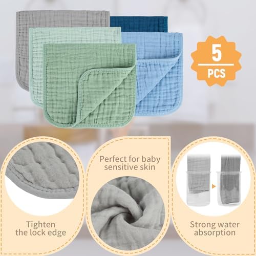 MIGIOL Baby Burp Cloth 10x20 Inches 5 Pieces Blue Green