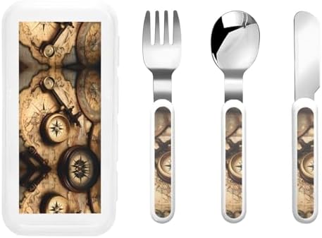 Compass Map Print Stainless Steel Utensils Set with Travel Case