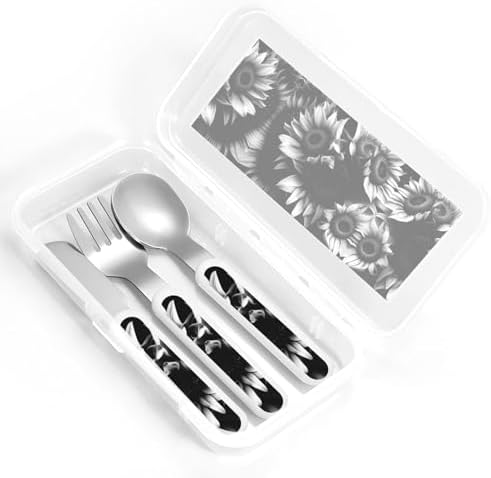 Black and White Sunflowers Print Flatware Set with Travel Case