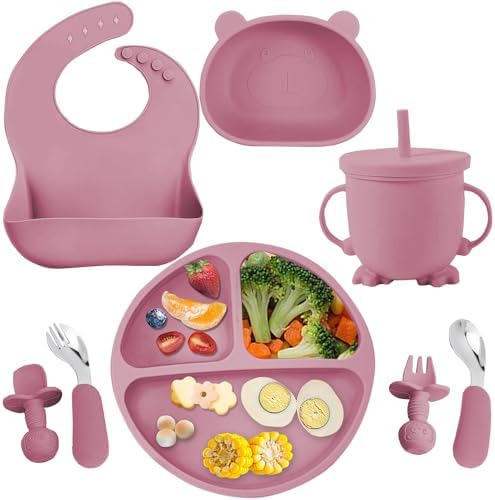 Mrkyy 8-Piece Silicone Baby Feeding Set for 6 Months Deep Pink