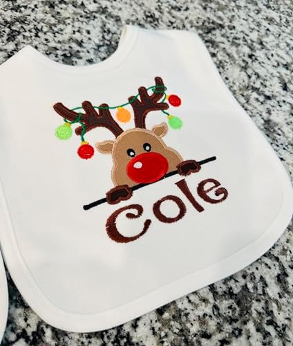 Christmas Baby Bib with Reindeer and Custom Name 1