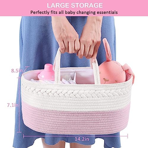 ABenkle Diaper Caddy Organizer - Pink Cotton Rope Basket for Baby Supplies