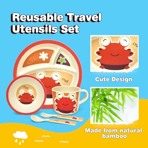 RayPard 5 Pcs Bamboo Kid Plate and Bowl Set