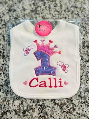 First Birthday Girl Bib with Custom Name Princess Crown 1