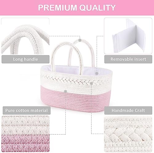ABenkle Diaper Caddy Organizer - Pink Cotton Rope Basket for Baby Supplies