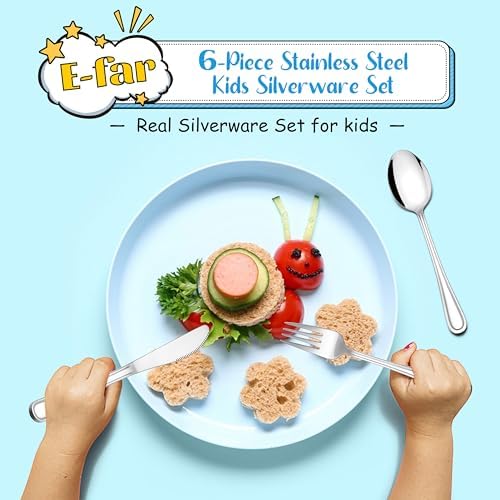 E-far 6-Piece Kids Silverware Set Stainless Steel Safe for Toddlers