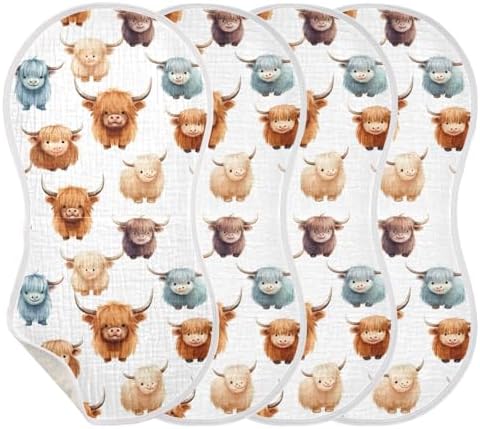 2Pcs Highland Cow Pattern Burp Cloths for Newborns