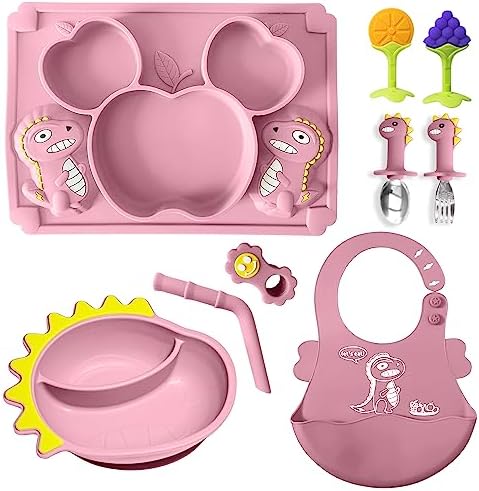Dinosaur Silicone Baby Feeding Set - Princess Pink
