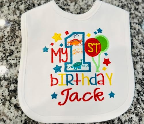 First Birthday Boy Bib White Bib with Turquoise Dino Embroidery