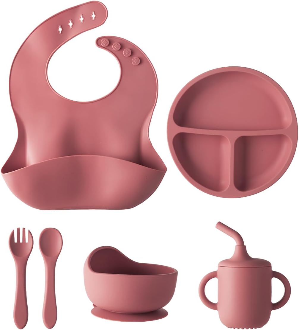 Silicone Baby Led Weaning Set - 6 Piece Toddler Dinnerware Kit Burgundy