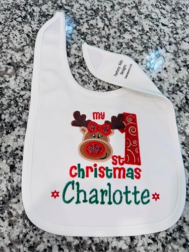 Christmas Baby Girl Bib with Reindeer Custom Name