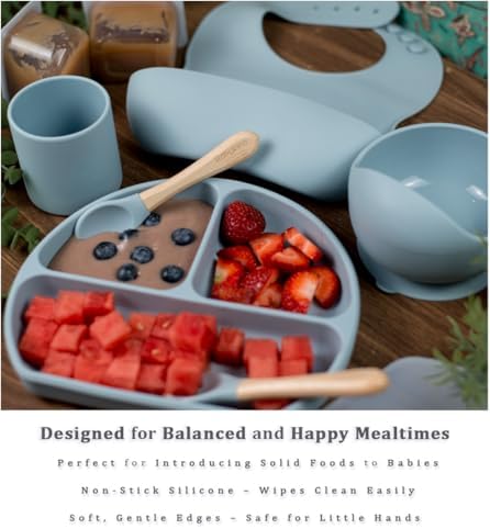 Silicone Baby Bowls and Spoons Set - 6 Piece Dusty Blue