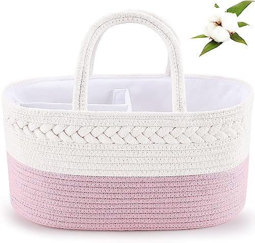 ABenkle Diaper Caddy Organizer - Pink Cotton Rope Basket for Baby Supplies