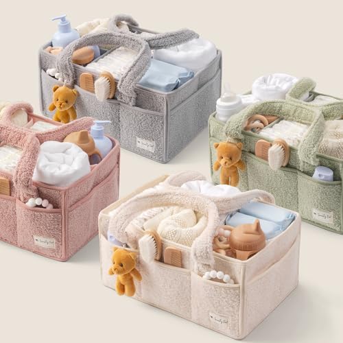 Sweety Fox Baby Diaper Caddy Organizer with Handle - Portable Sherpa Basket - Green