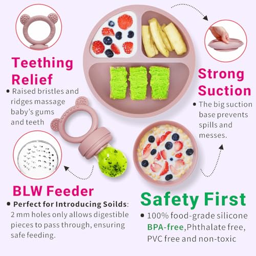 REMONDA Baby Led Weaning Set with Suction Plates Bowls Pink