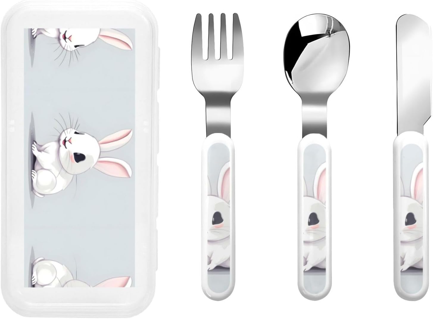Cute White Rabbit Print Flatware Set with Travel Case 1