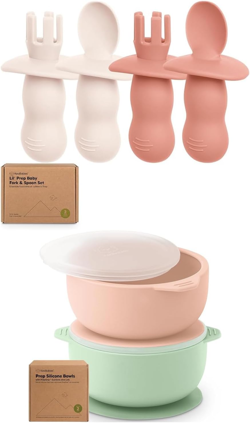 KeaBabies 4-Pack Silicone Spoons Forks Set with 2-Pack Suction Bowls
