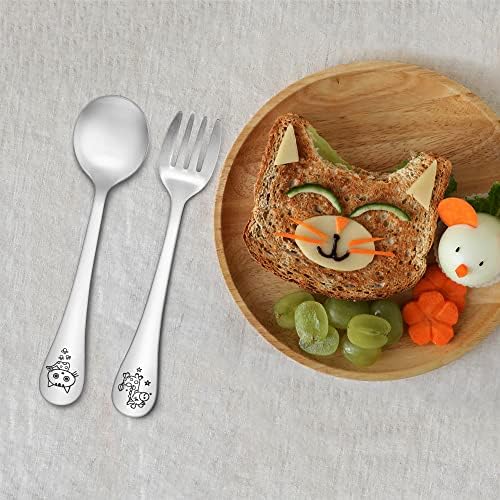 TeamFar Toddler Flatware Set 4PCS Stainless Steel Carved Animal Handles