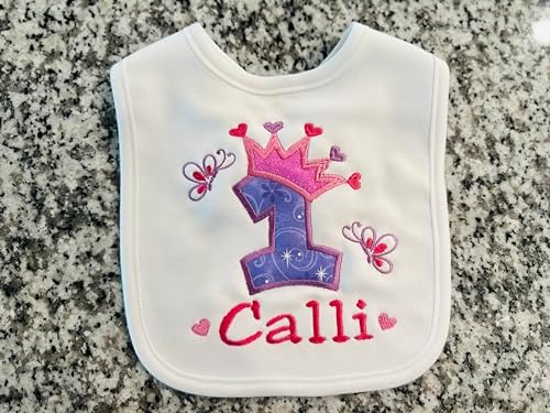 First Birthday Girl Bib with Custom Name Princess Crown 1