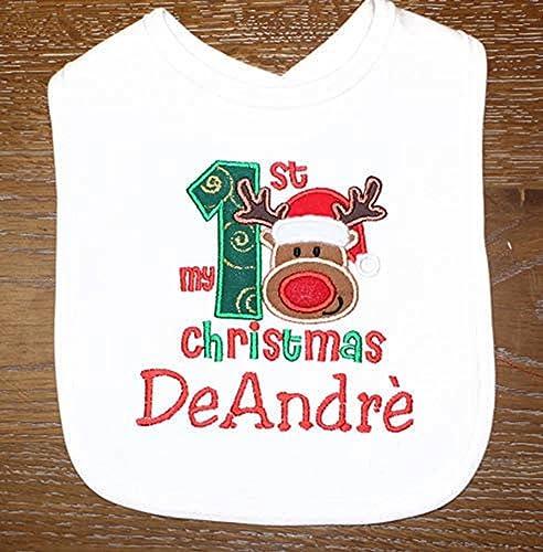 Handmade First Christmas Bib with Reindeer and Custom Name