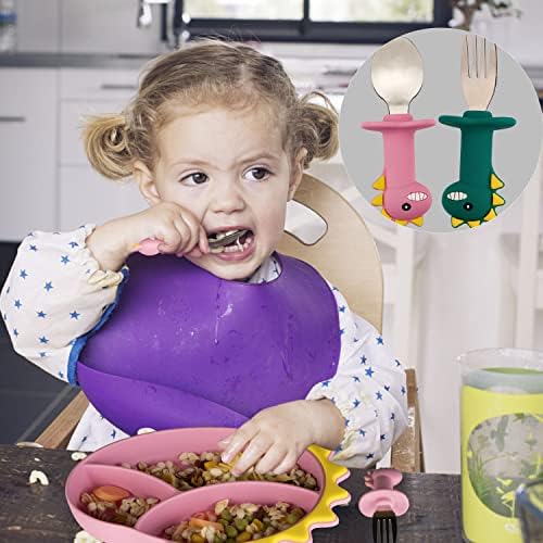 Dinosaur Toddler Spoons Fork Set with Silicone Handles - Blue