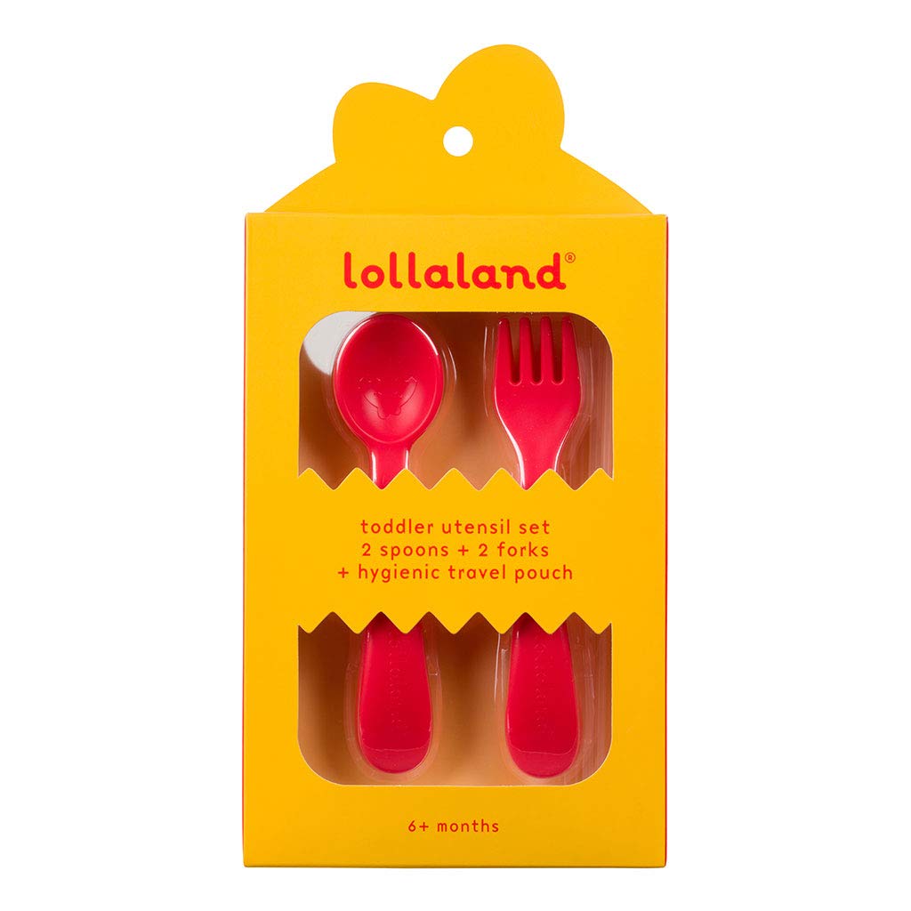 Lollaland 5 Piece Plastic Toddler Cutlery Set - Reusable with Travel Pouch Red