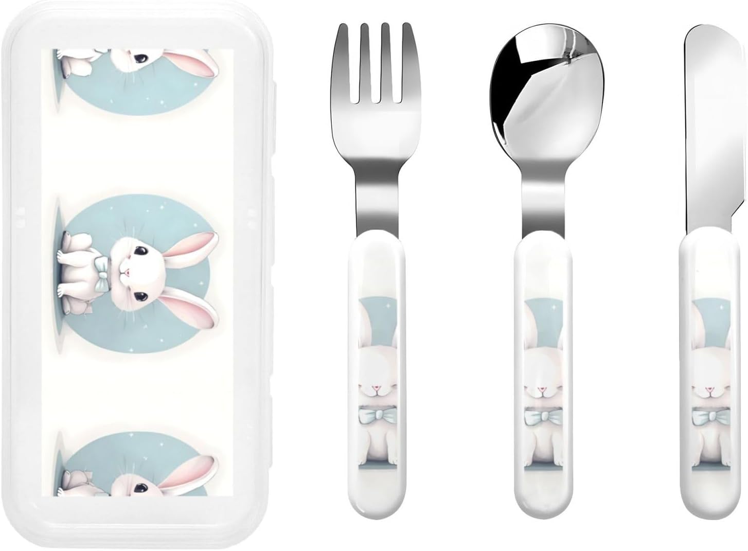 Cute White Rabbit Print Flatware Set with Travel Case