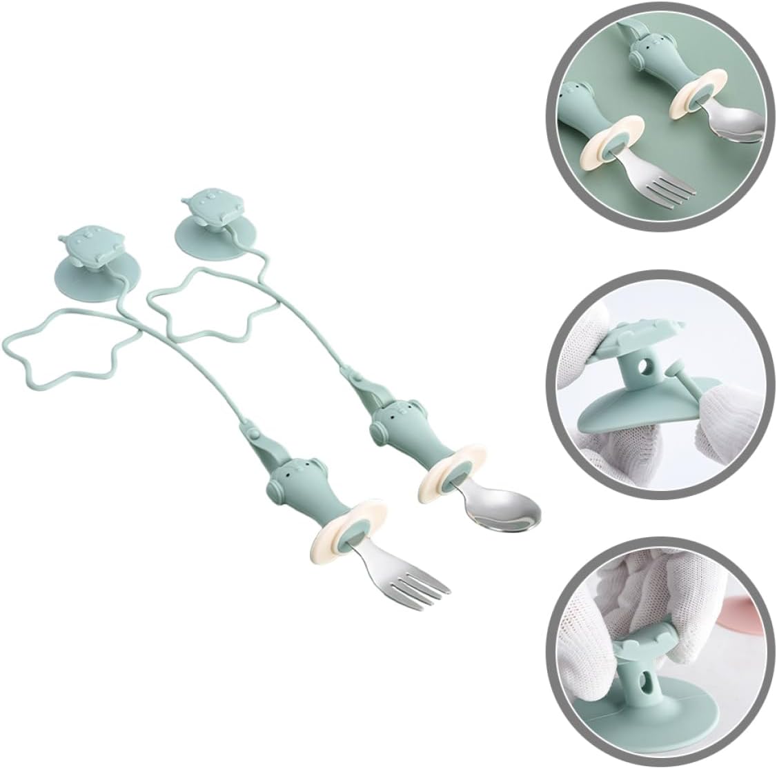 GRIRIW Training Spoon Fork Set with Anti Drop Chain Suction Design