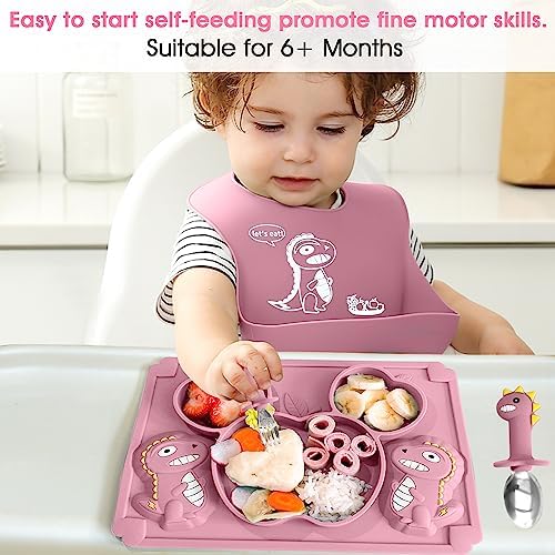 Dinosaur Silicone Baby Feeding Set - Princess Pink