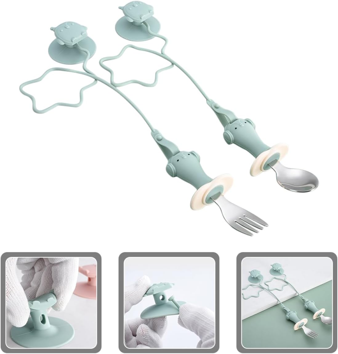 GRIRIW Training Spoon Fork Set with Anti Drop Chain Suction Design