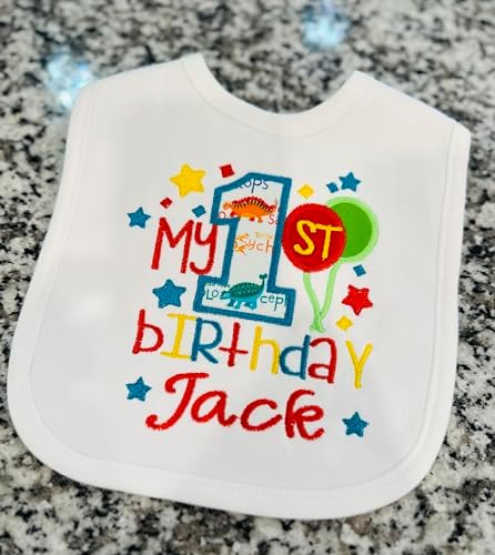 First Birthday Boy Bib White Bib with Turquoise Dino Embroidery