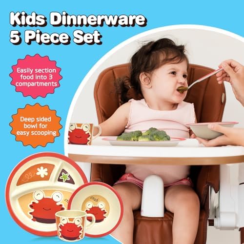 RayPard 5 Pcs Bamboo Kid Plate and Bowl Set