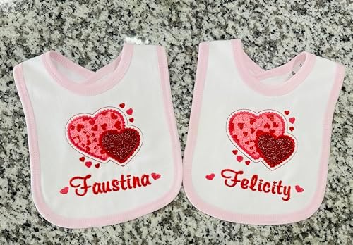 Valentines Day Baby Girl Bib with Sparkle Hearts and Name