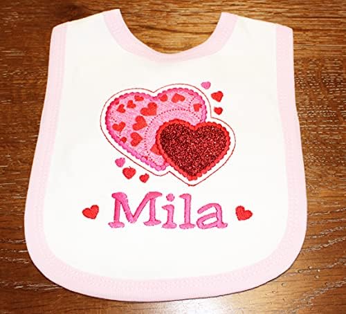 Valentines Day Baby Girl Bib with Sparkle Hearts and Name