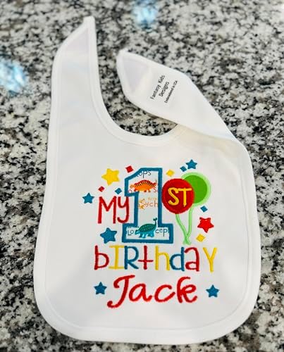 First Birthday Boy Bib White Bib with Turquoise Dino Embroidery