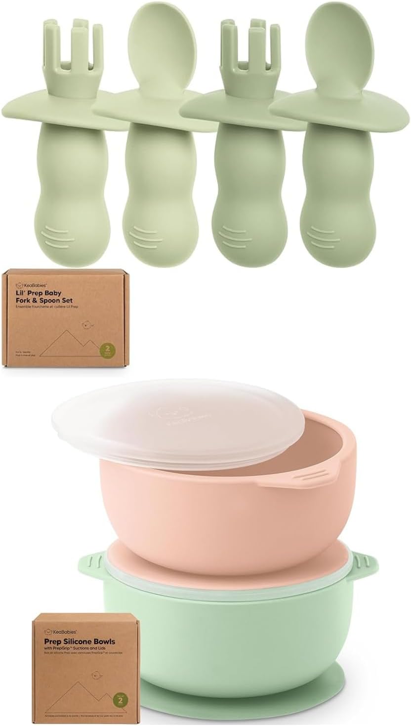 KeaBabies 4-Pack Silicone Spoons and Forks with 2-Pack Suction Bowls