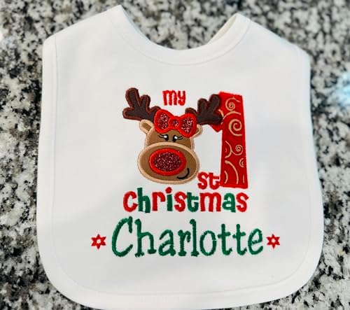 Christmas Baby Girl Bib with Reindeer Custom Name