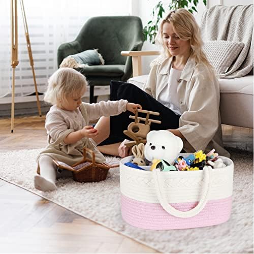 ABenkle Diaper Caddy Organizer - Pink Cotton Rope Basket for Baby Supplies