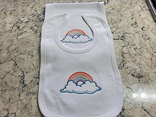 Handmade Rainbow Embroidered Bib and Burp Cloth Set