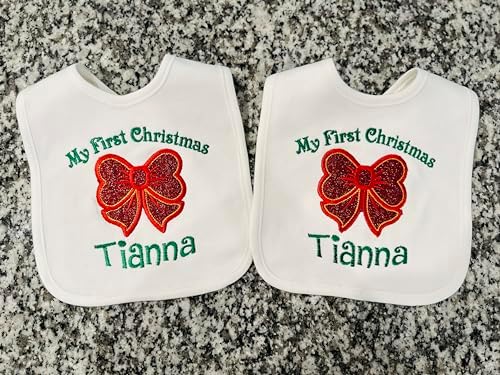 Christmas Baby Girl Bib with Glitter Bow and Custom Name