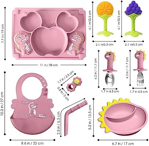 Dinosaur Silicone Baby Feeding Set - Princess Pink