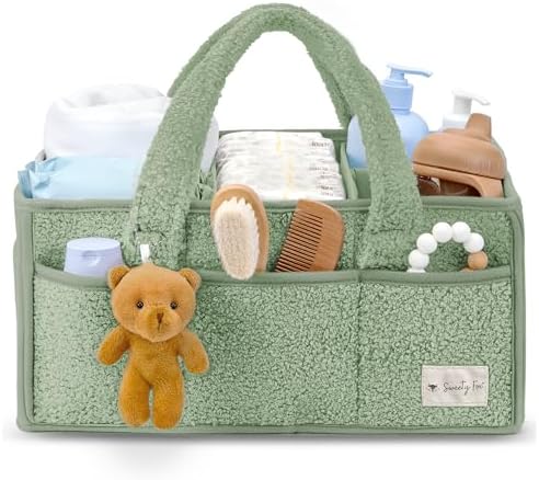 Sweety Fox Baby Diaper Caddy Organizer with Handle - Portable Sherpa Basket - Green