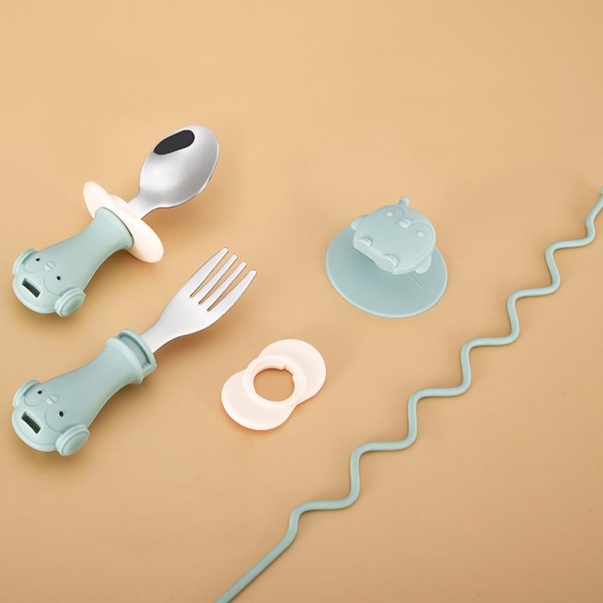GRIRIW Training Spoon Fork Set with Anti Drop Chain Suction Design