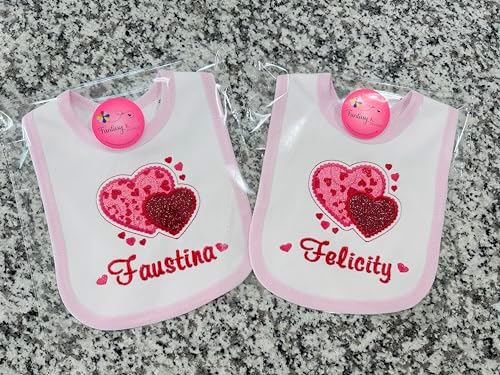 Valentines Day Baby Girl Bib with Sparkle Hearts and Name