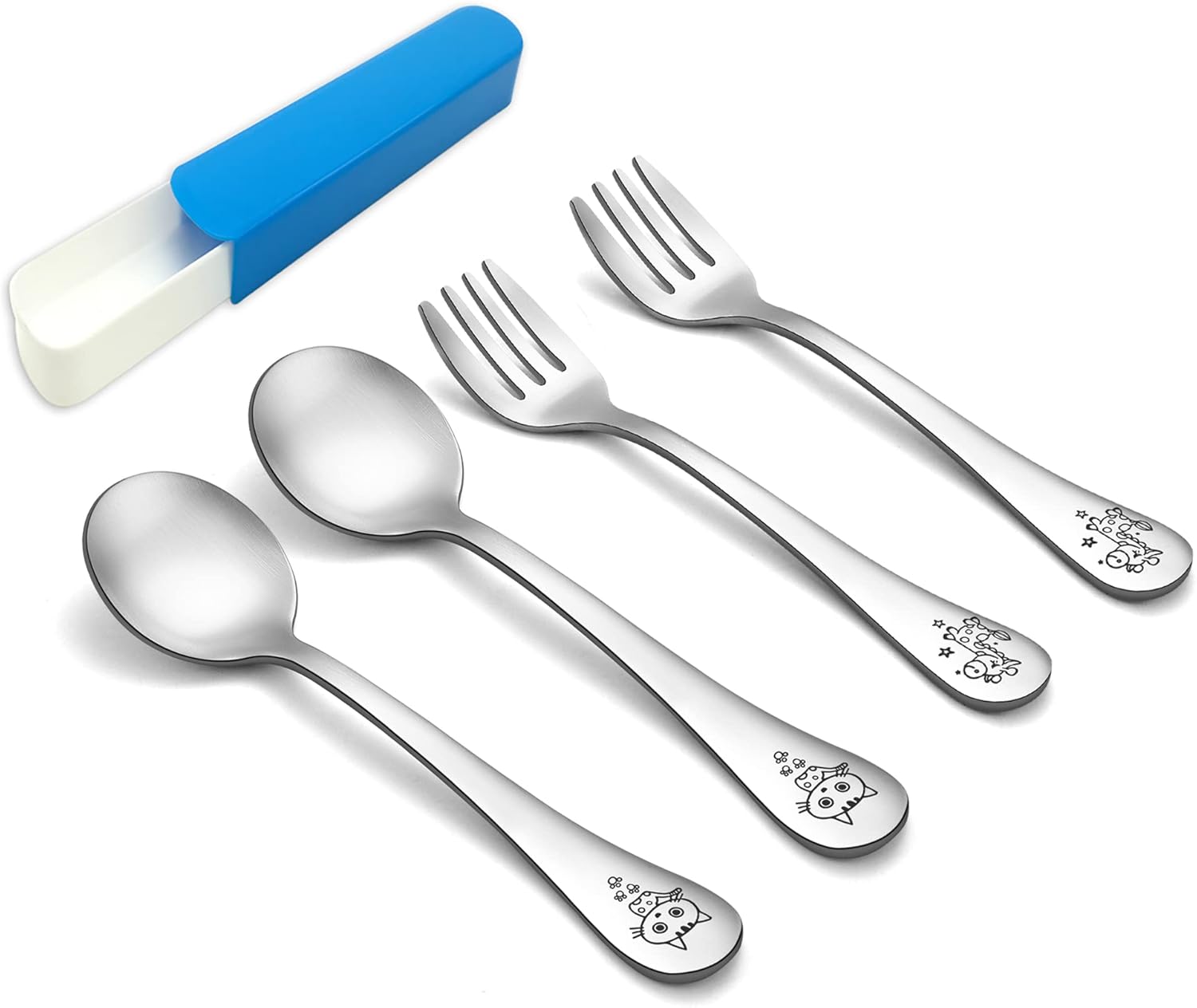 TeamFar Toddler Flatware Set 4PCS Stainless Steel Carved Animal Handles