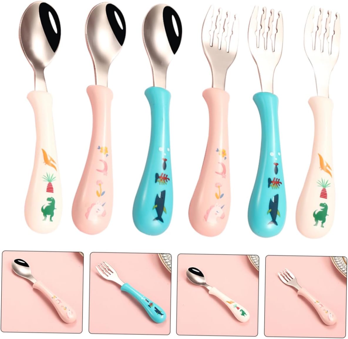GLSTOY 3-Piece Cartoon Stainless Steel Fork Spoon Set